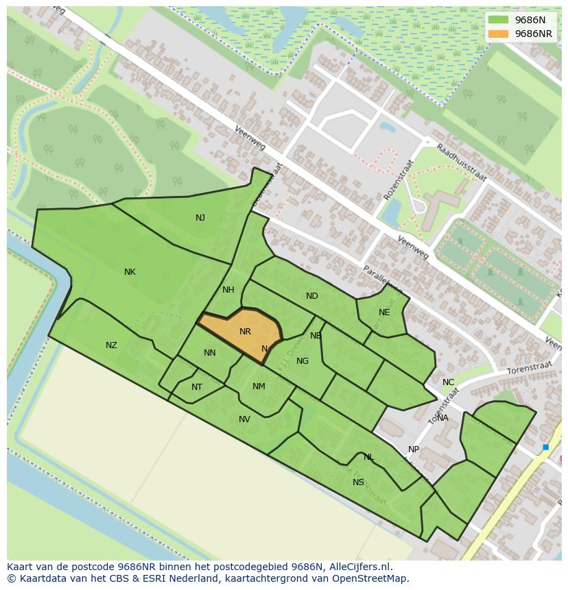 Afbeelding van het postcodegebied 9686 NR op de kaart.