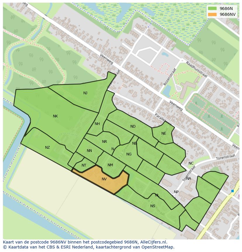 Afbeelding van het postcodegebied 9686 NV op de kaart.