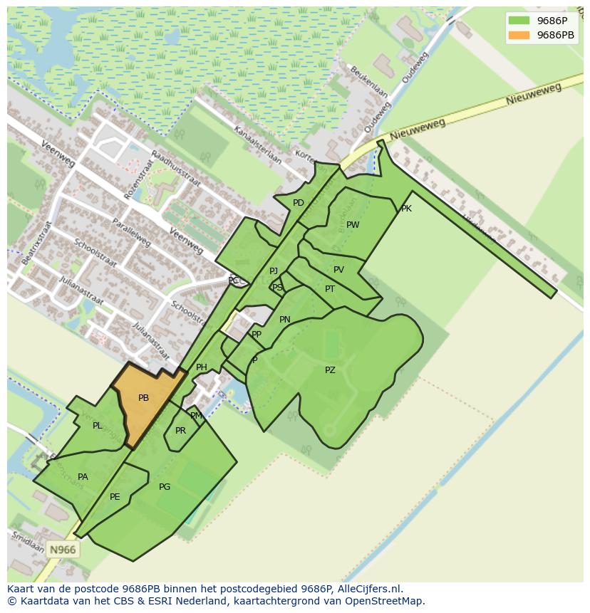 Afbeelding van het postcodegebied 9686 PB op de kaart.