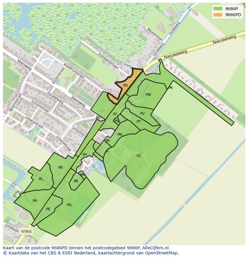 Afbeelding van het postcodegebied 9686 PD op de kaart.