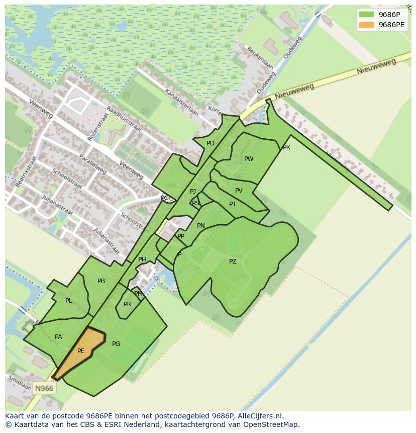 Afbeelding van het postcodegebied 9686 PE op de kaart.