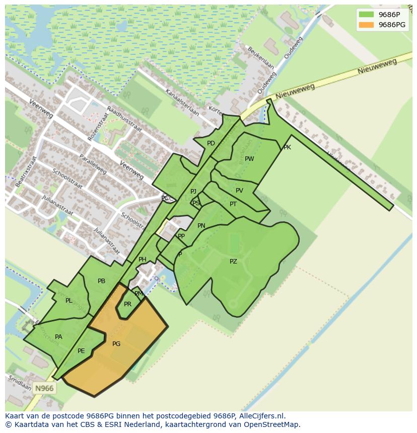 Afbeelding van het postcodegebied 9686 PG op de kaart.