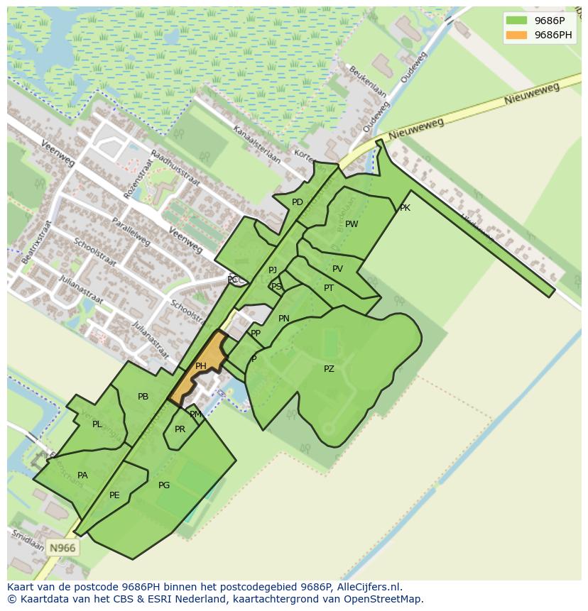 Afbeelding van het postcodegebied 9686 PH op de kaart.