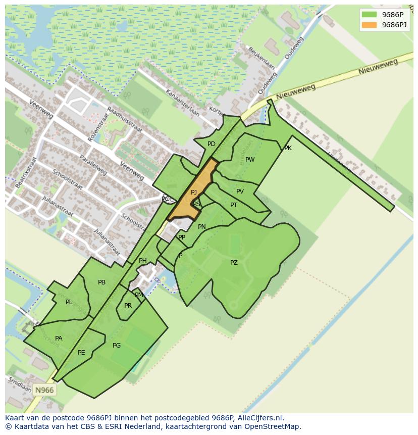 Afbeelding van het postcodegebied 9686 PJ op de kaart.