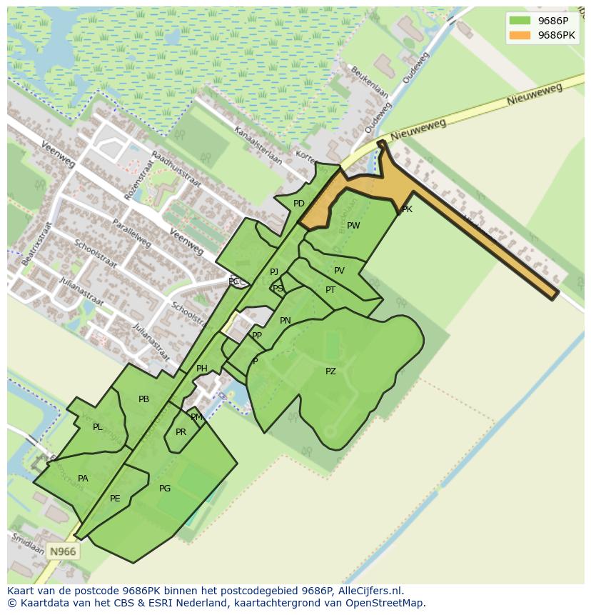 Afbeelding van het postcodegebied 9686 PK op de kaart.