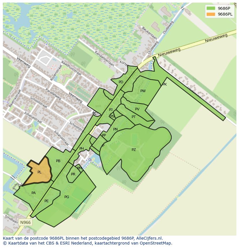 Afbeelding van het postcodegebied 9686 PL op de kaart.
