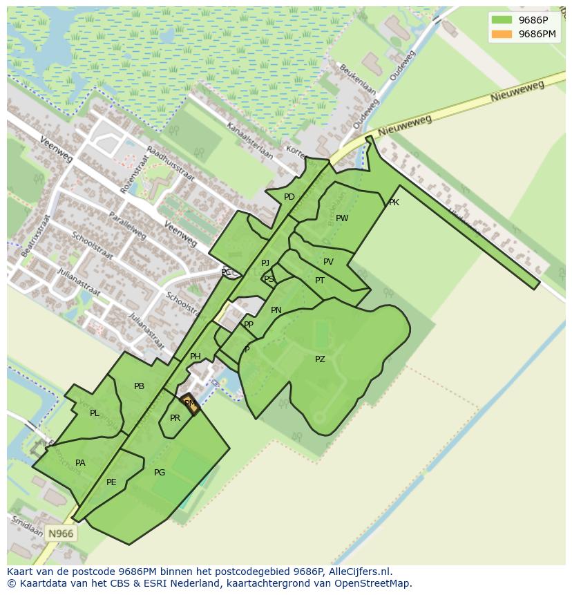 Afbeelding van het postcodegebied 9686 PM op de kaart.
