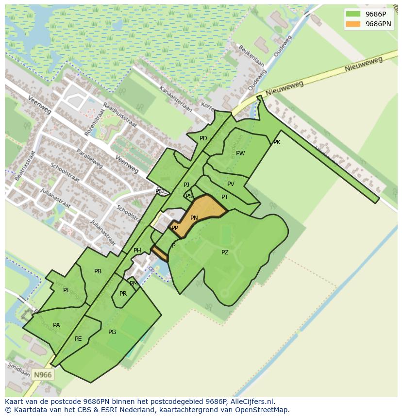 Afbeelding van het postcodegebied 9686 PN op de kaart.