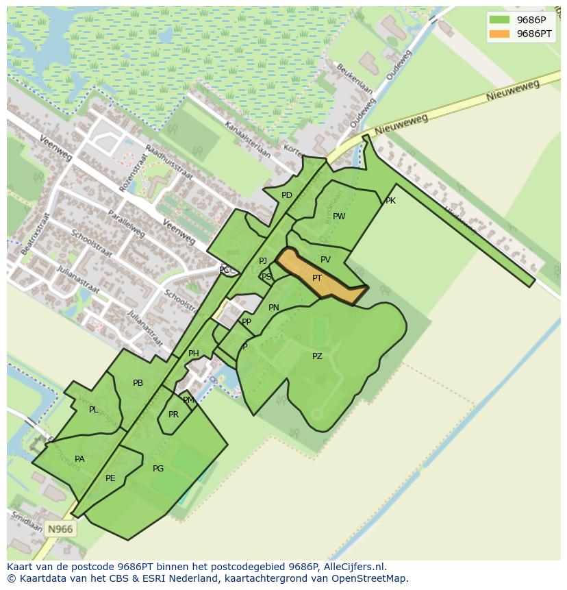 Afbeelding van het postcodegebied 9686 PT op de kaart.