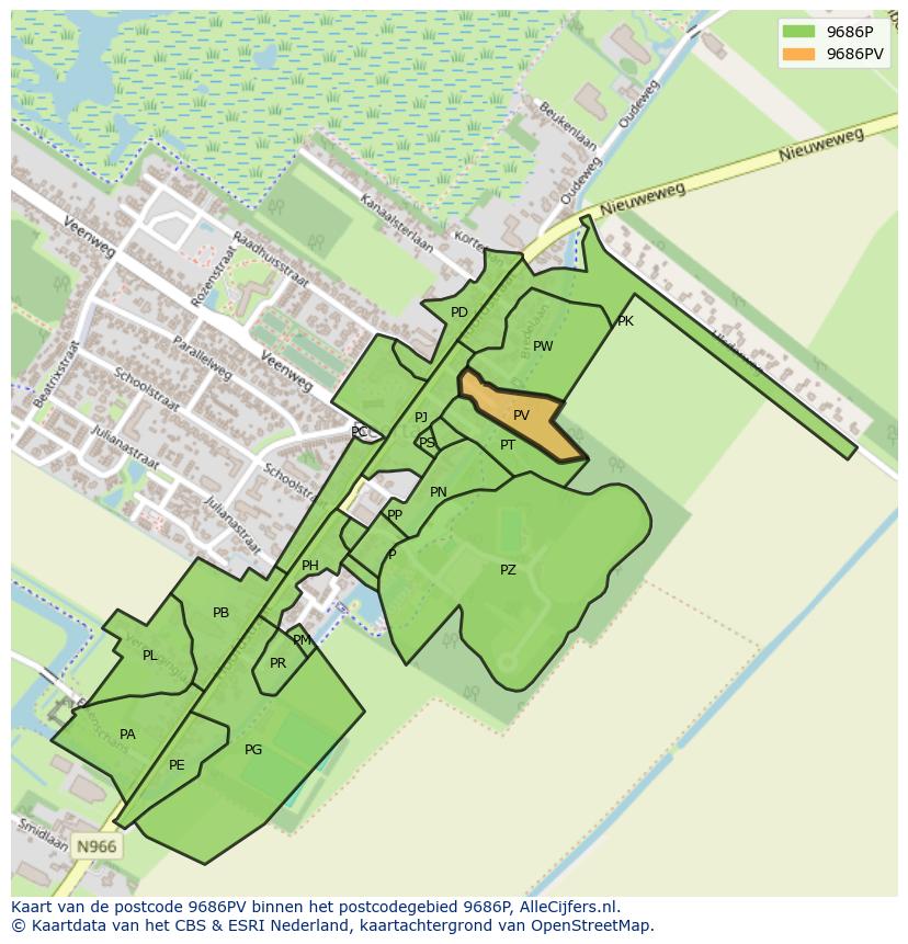 Afbeelding van het postcodegebied 9686 PV op de kaart.