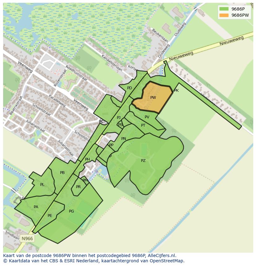 Afbeelding van het postcodegebied 9686 PW op de kaart.