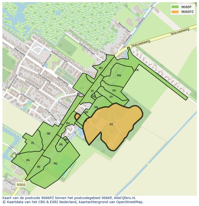 Afbeelding van het postcodegebied 9686 PZ op de kaart.
