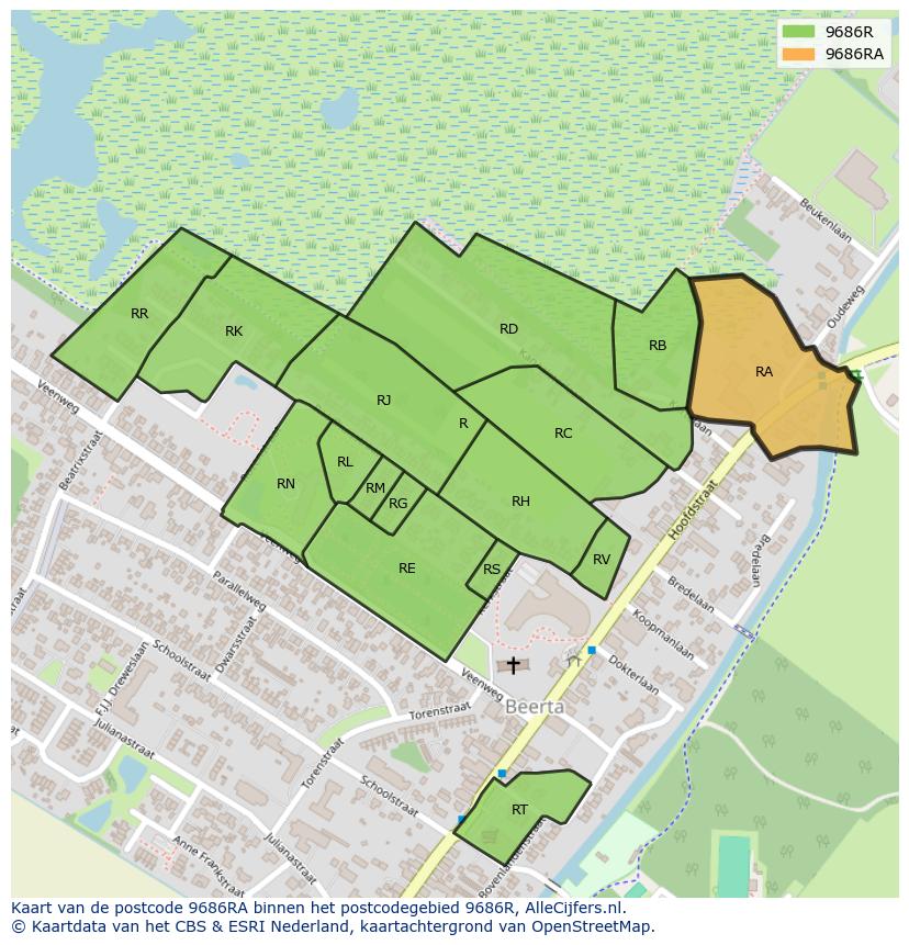 Afbeelding van het postcodegebied 9686 RA op de kaart.