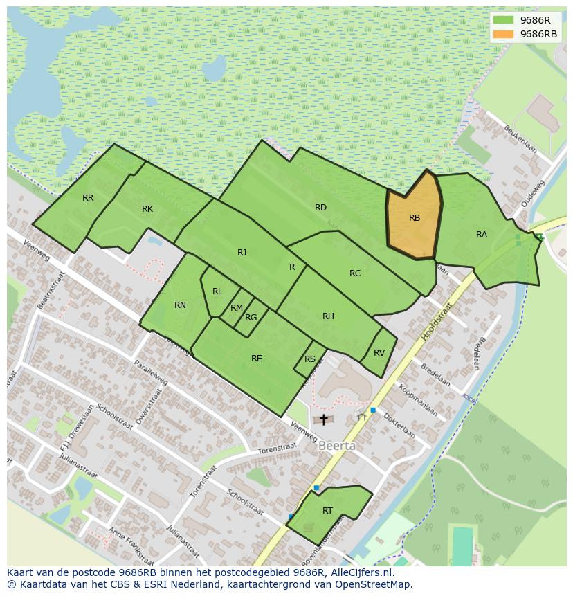 Afbeelding van het postcodegebied 9686 RB op de kaart.
