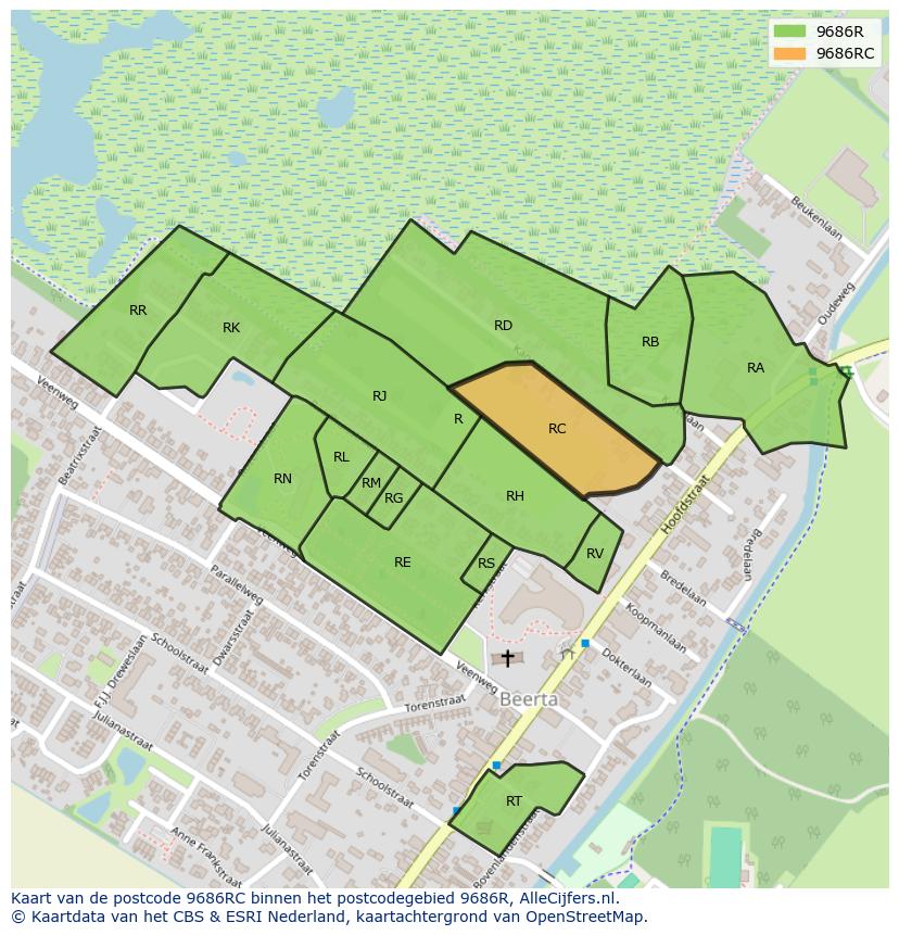 Afbeelding van het postcodegebied 9686 RC op de kaart.