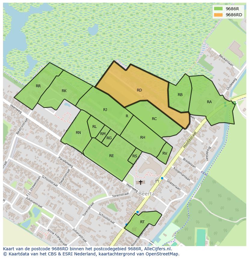 Afbeelding van het postcodegebied 9686 RD op de kaart.