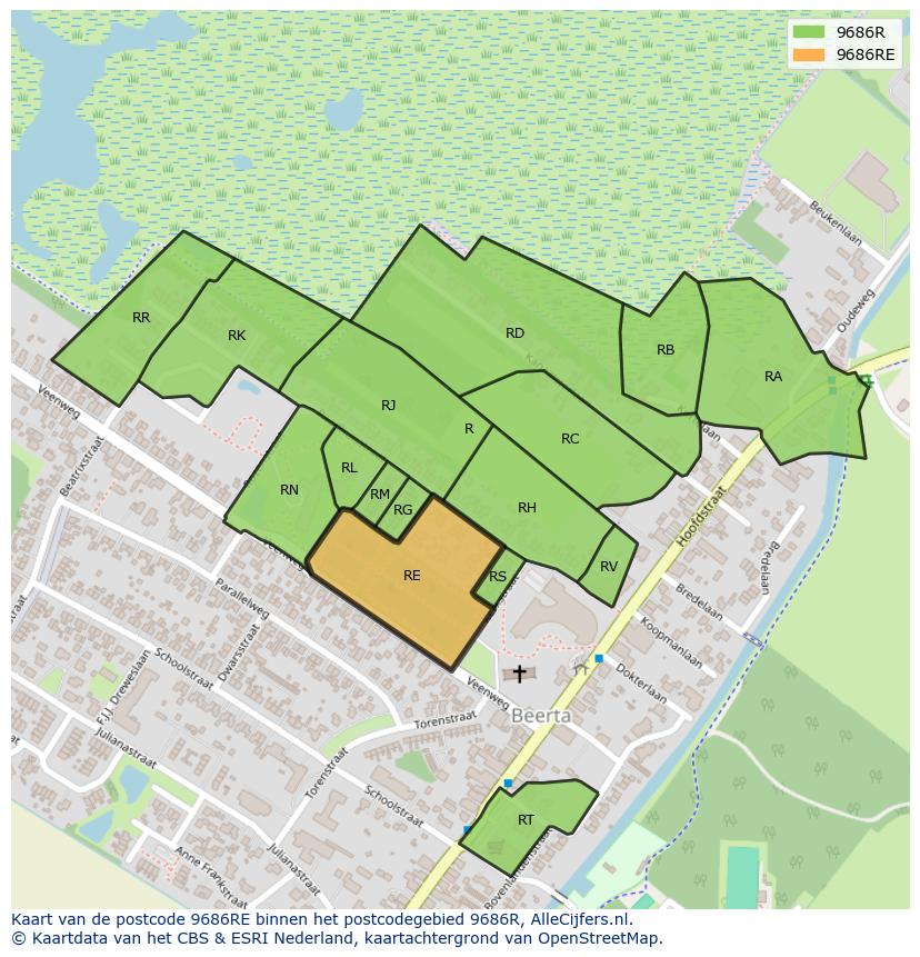 Afbeelding van het postcodegebied 9686 RE op de kaart.