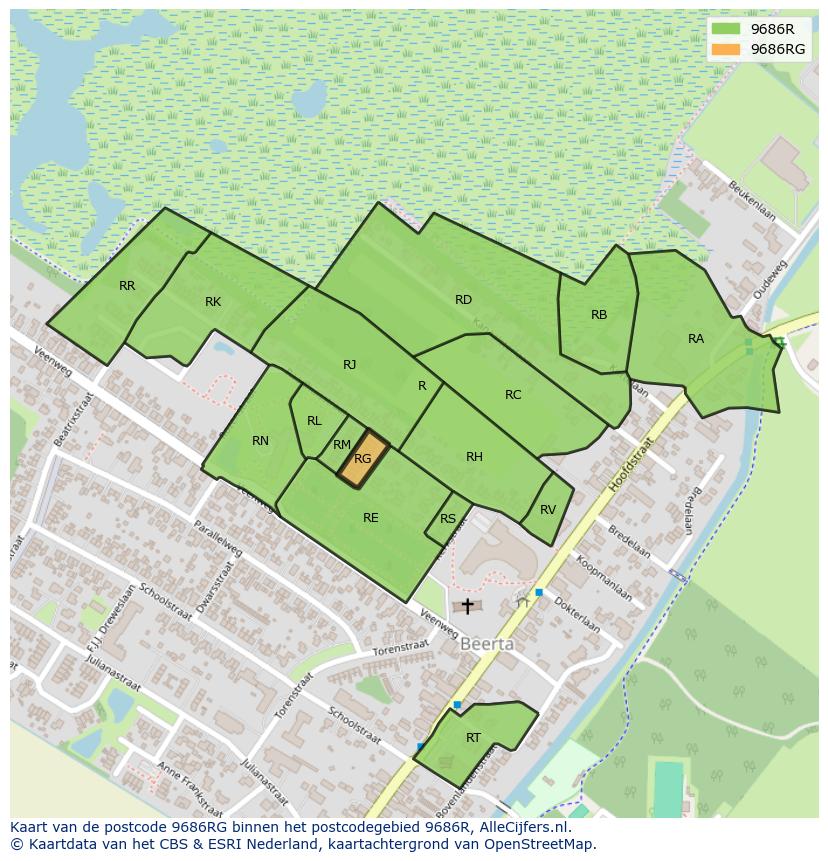 Afbeelding van het postcodegebied 9686 RG op de kaart.