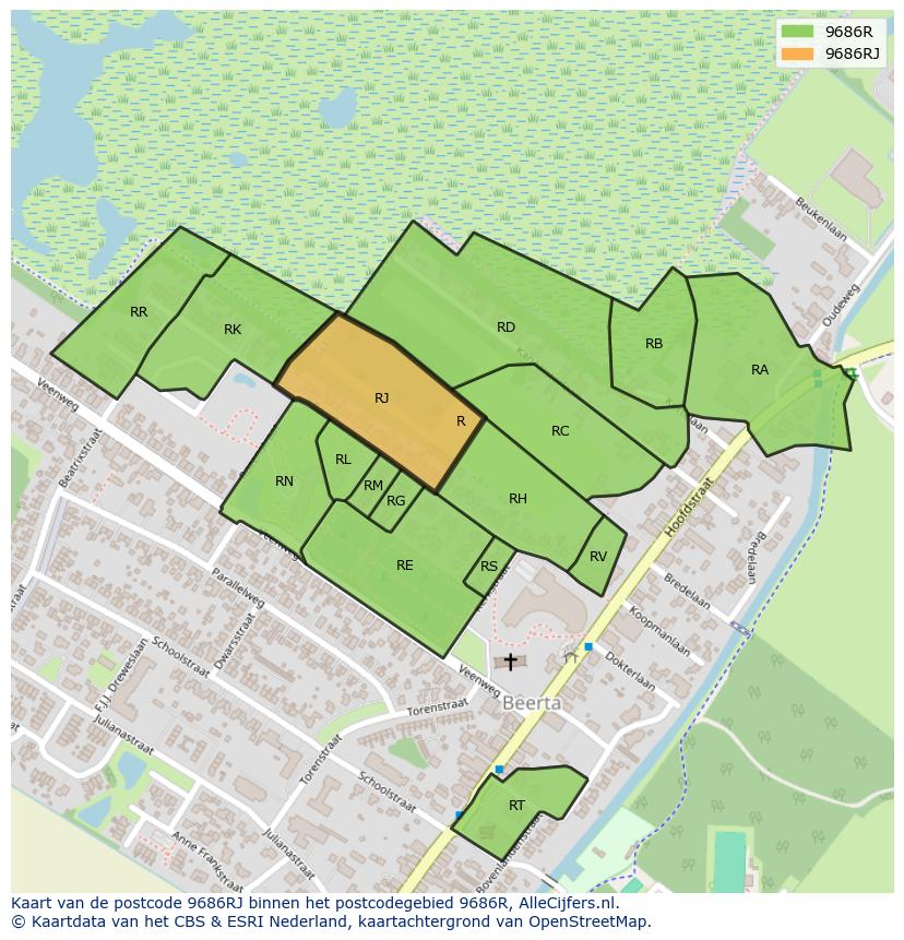 Afbeelding van het postcodegebied 9686 RJ op de kaart.