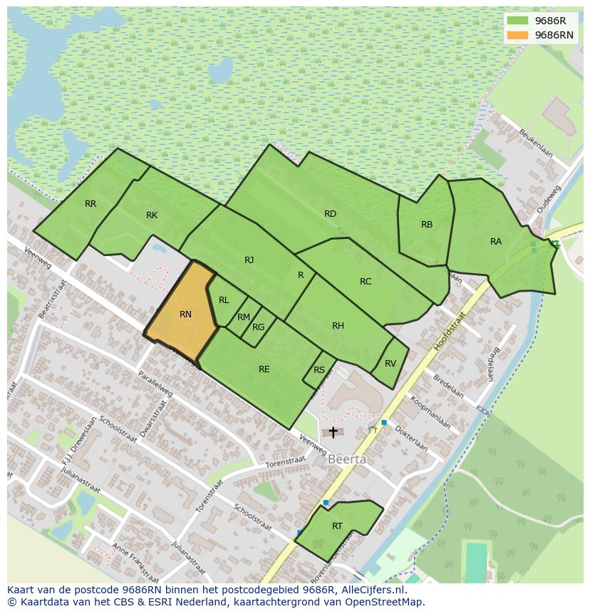 Afbeelding van het postcodegebied 9686 RN op de kaart.