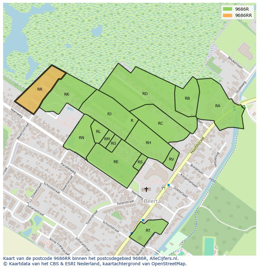 Afbeelding van het postcodegebied 9686 RR op de kaart.