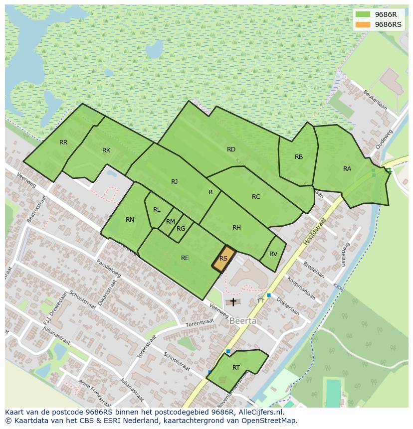 Afbeelding van het postcodegebied 9686 RS op de kaart.