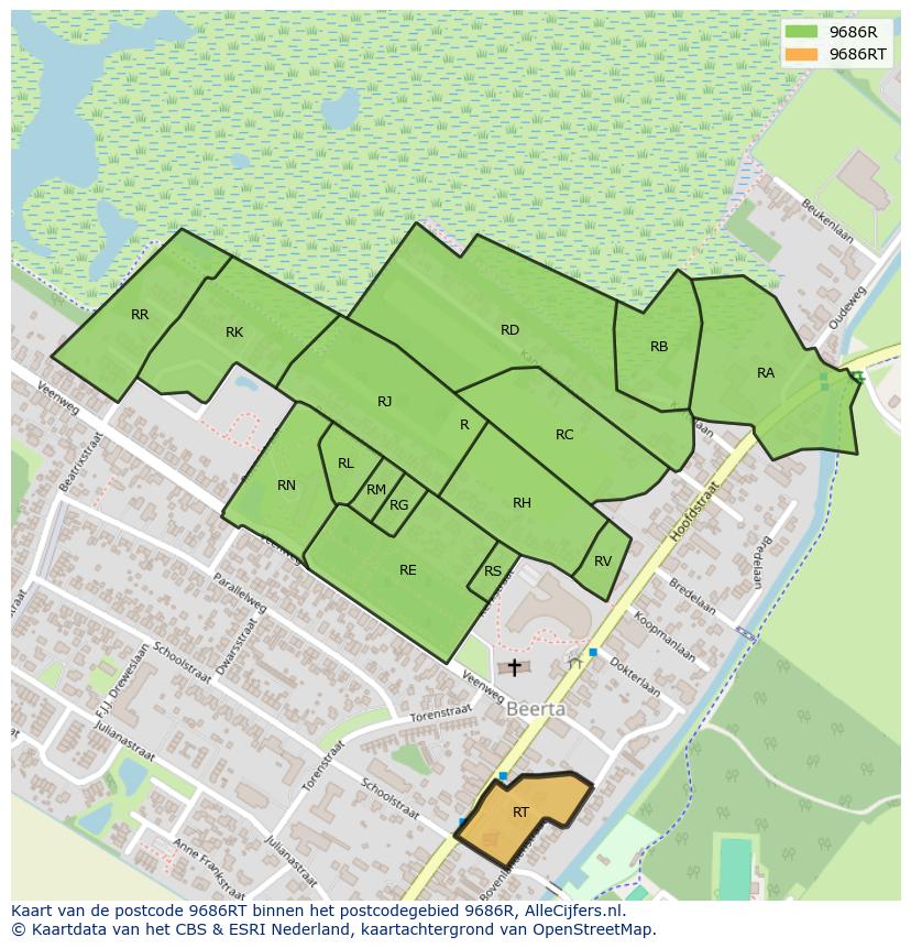 Afbeelding van het postcodegebied 9686 RT op de kaart.