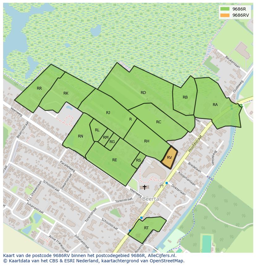 Afbeelding van het postcodegebied 9686 RV op de kaart.