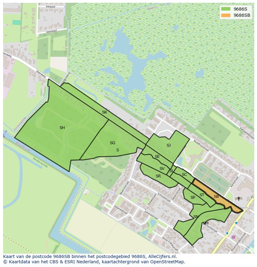 Afbeelding van het postcodegebied 9686 SB op de kaart.