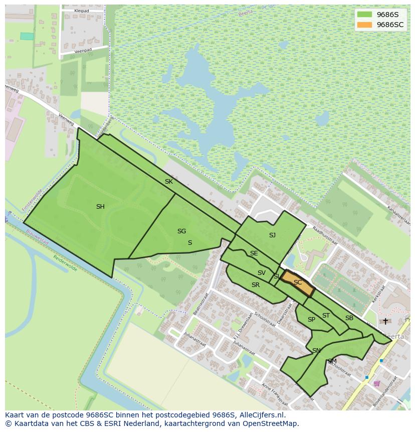 Afbeelding van het postcodegebied 9686 SC op de kaart.