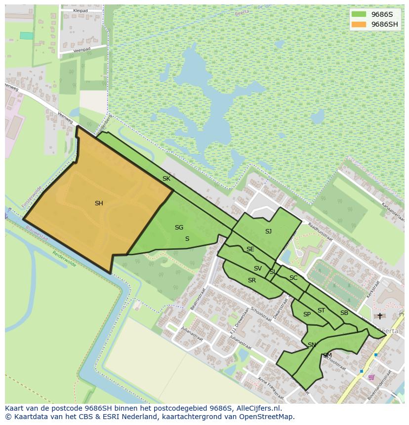 Afbeelding van het postcodegebied 9686 SH op de kaart.