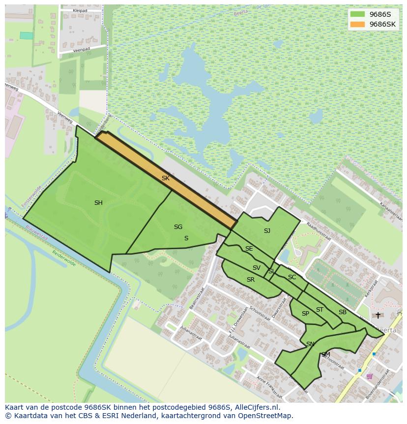 Afbeelding van het postcodegebied 9686 SK op de kaart.