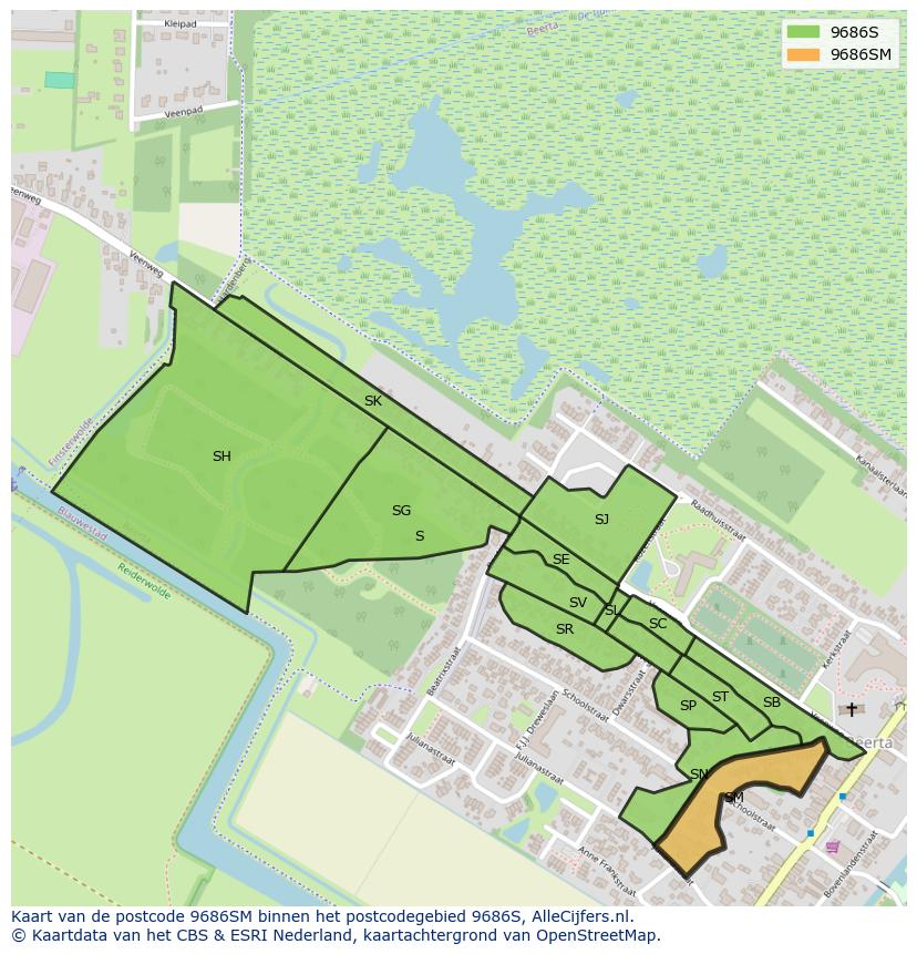 Afbeelding van het postcodegebied 9686 SM op de kaart.