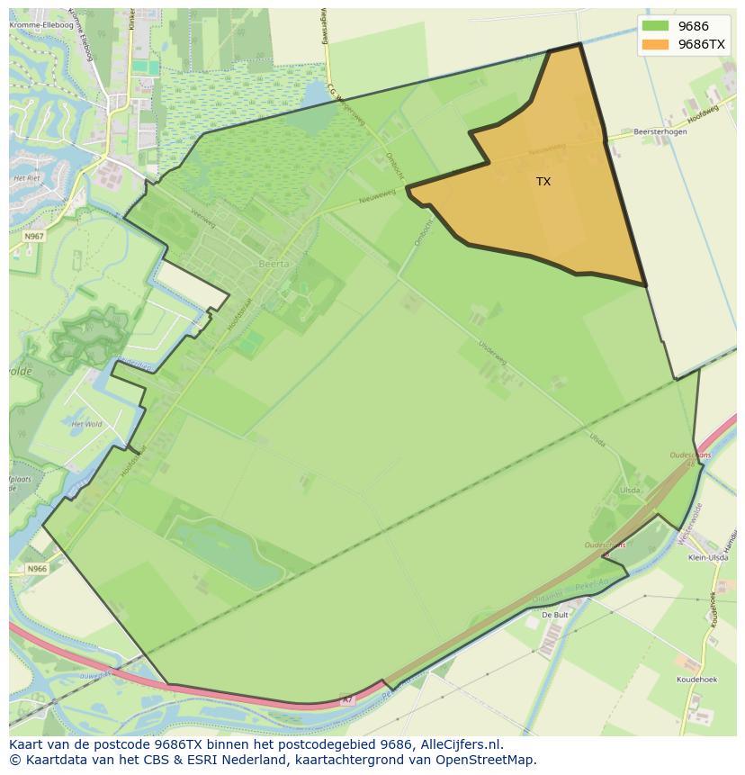 Afbeelding van het postcodegebied 9686 TX op de kaart.