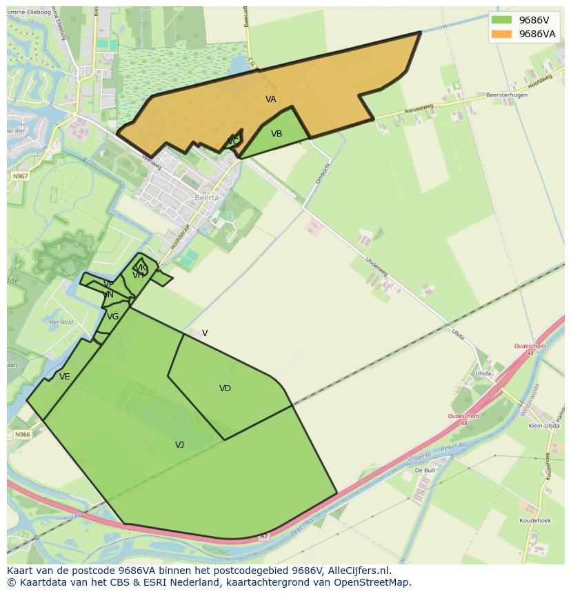 Afbeelding van het postcodegebied 9686 VA op de kaart.