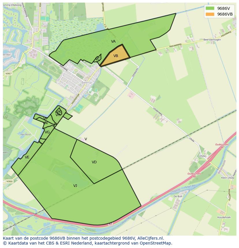 Afbeelding van het postcodegebied 9686 VB op de kaart.