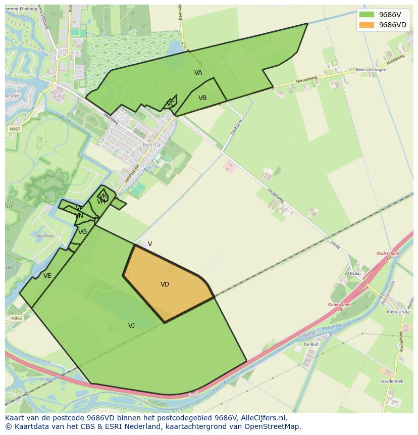 Afbeelding van het postcodegebied 9686 VD op de kaart.