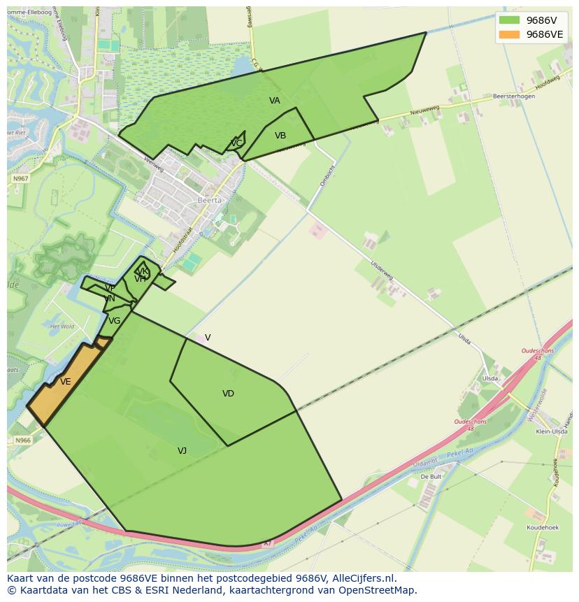 Afbeelding van het postcodegebied 9686 VE op de kaart.