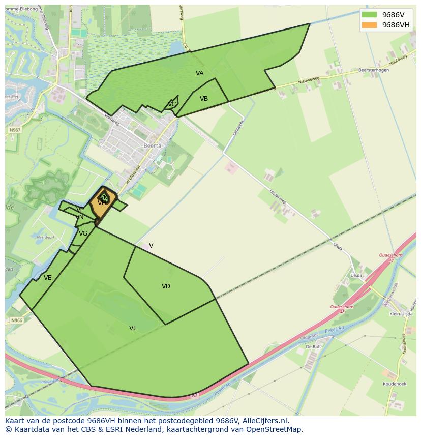 Afbeelding van het postcodegebied 9686 VH op de kaart.