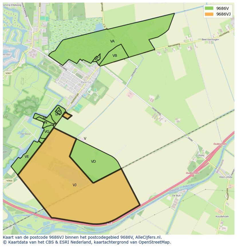 Afbeelding van het postcodegebied 9686 VJ op de kaart.