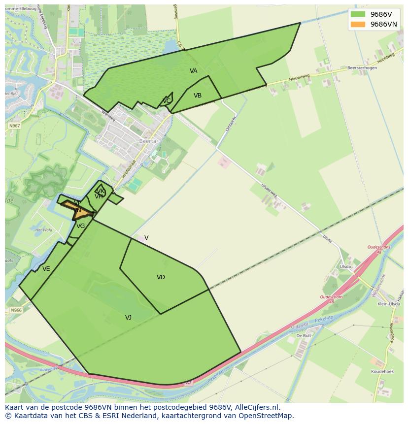 Afbeelding van het postcodegebied 9686 VN op de kaart.