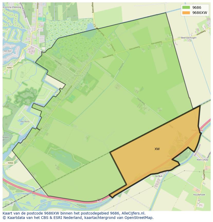 Afbeelding van het postcodegebied 9686 XW op de kaart.