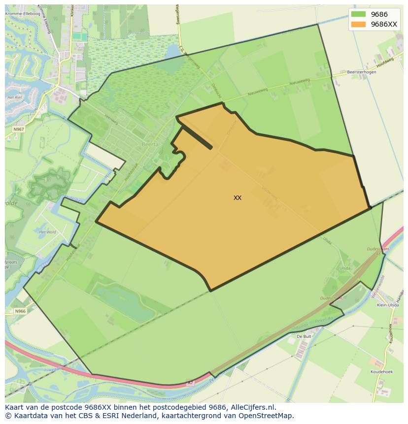 Afbeelding van het postcodegebied 9686 XX op de kaart.