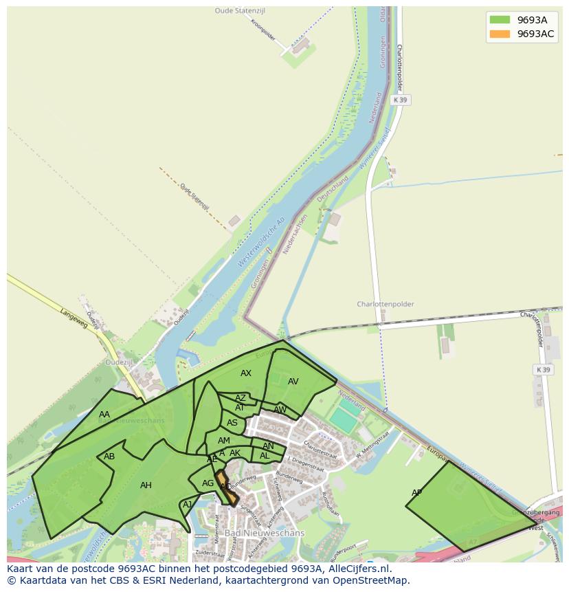Afbeelding van het postcodegebied 9693 AC op de kaart.