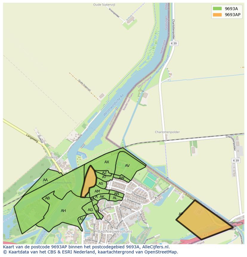 Afbeelding van het postcodegebied 9693 AP op de kaart.