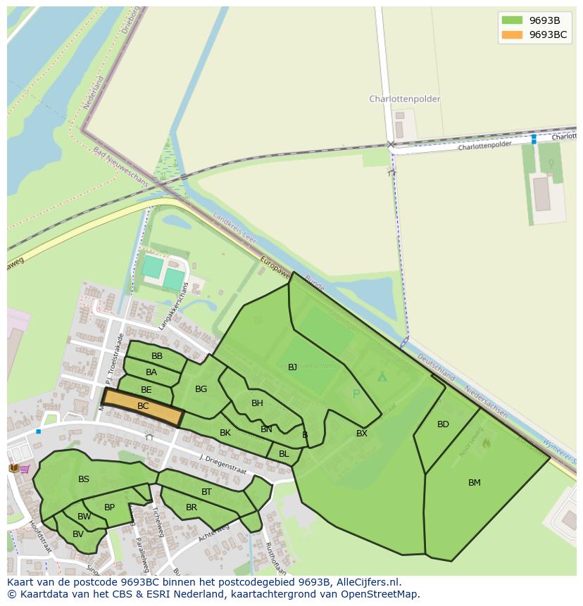 Afbeelding van het postcodegebied 9693 BC op de kaart.