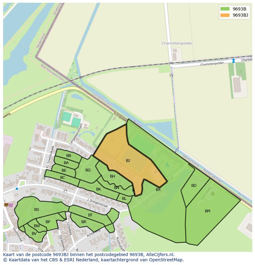 Afbeelding van het postcodegebied 9693 BJ op de kaart.