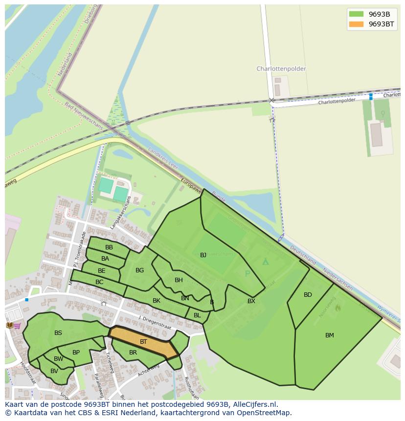 Afbeelding van het postcodegebied 9693 BT op de kaart.