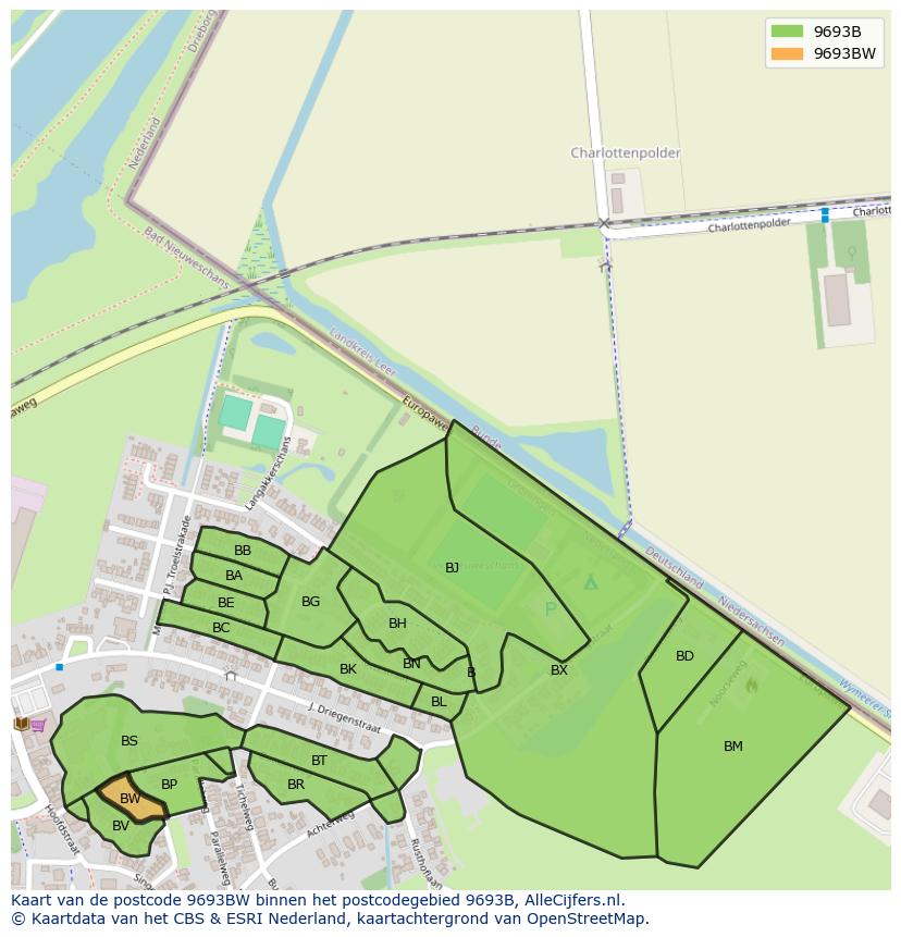 Afbeelding van het postcodegebied 9693 BW op de kaart.