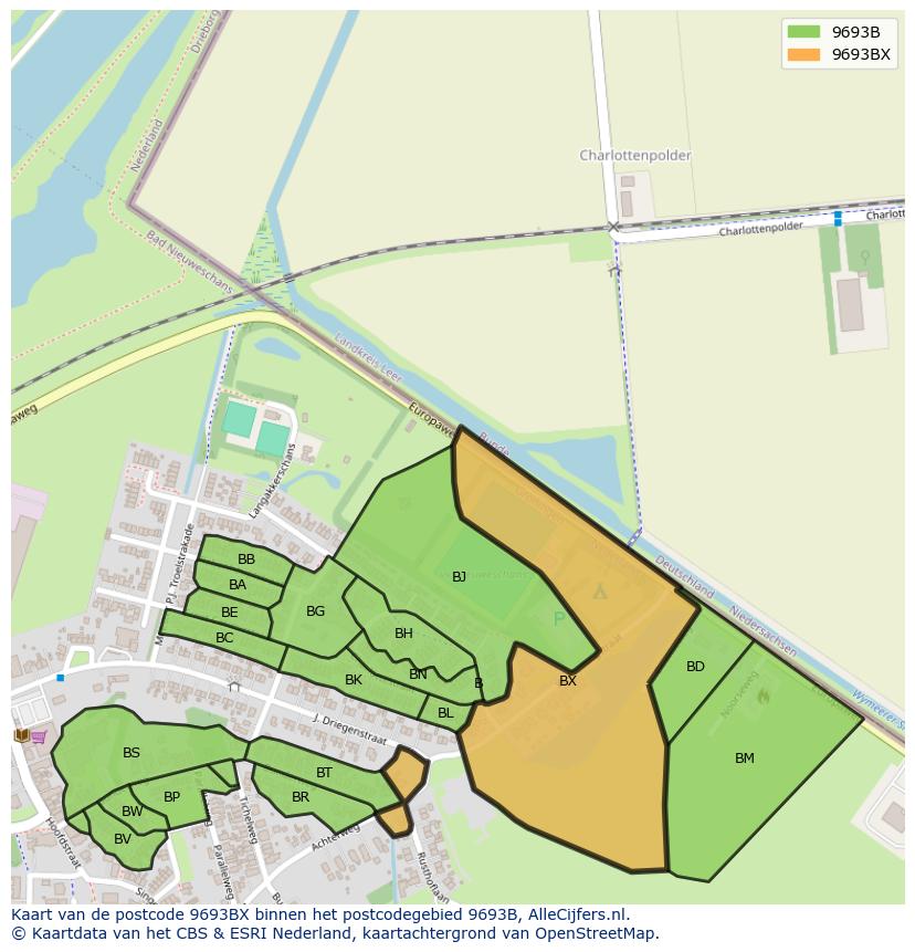 Afbeelding van het postcodegebied 9693 BX op de kaart.